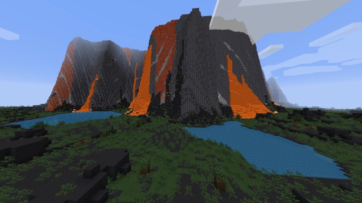 Looking at a giant blocky volcano in Minecraft.