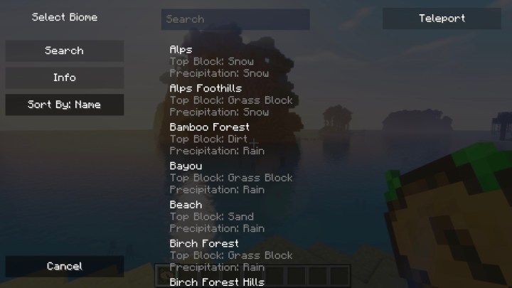 A menu showing all of the potential nearby biomes, and an option to teleport to one.