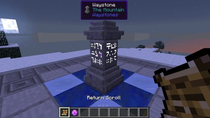 A player looking at a pillar and the words "Waystone: The Mountain".