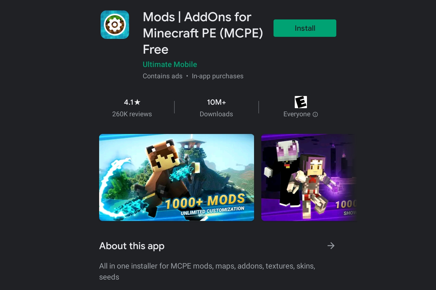 The Mods Addons app download page for MCPE.