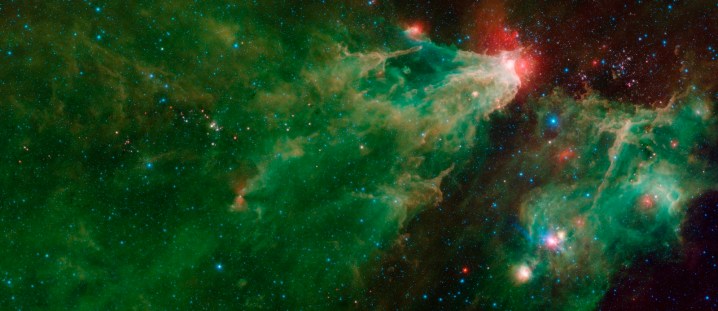 A mosaic by NASA's Spitzer Space Telescope of the Cepheus C and Cepheus B regions. This image combines data from Spitzer's IRAC and MIPS instruments.