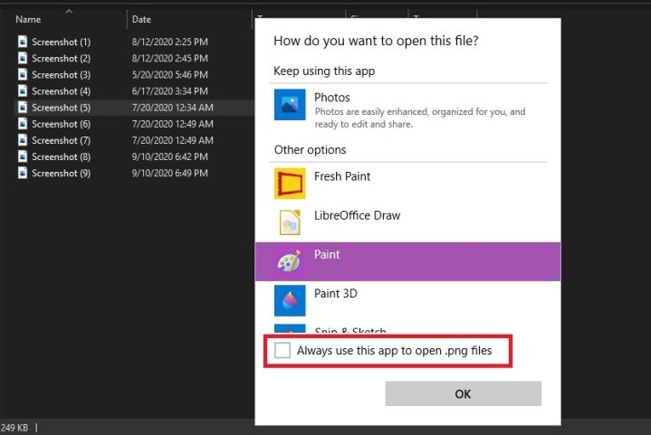 The File Association window in Windows 10.
