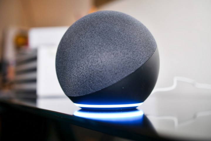 Amazon Echo speaker on a table.