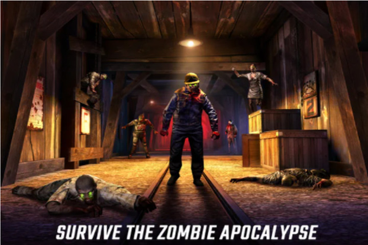 Ekrankopio de Dead Trigger 2 montranta zombiojn en minejo.