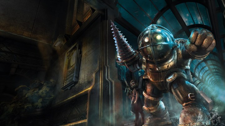 A Big Daddy stands tall in Bioshock.