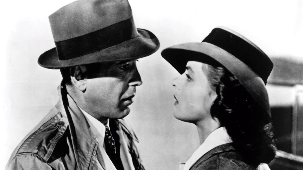 Humphrey Bogart and Ingrid Bergman share an intimate moment in Casablanca.