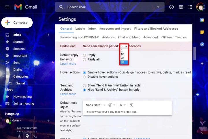 The Undo Send setting in Gmail for the web's Settings menu.