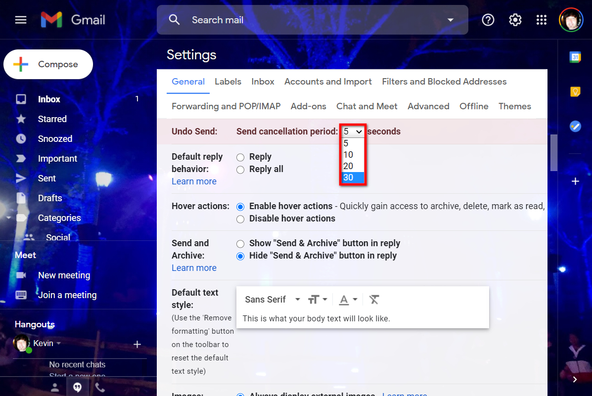 A configuração Desfazer envio no Gmail para o menu Configurações da web.