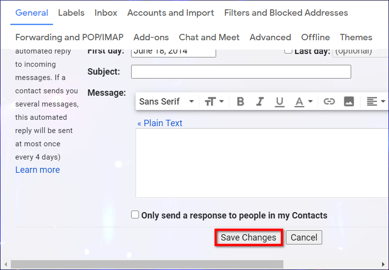 O botão Salvar alterações no site do Gmail.