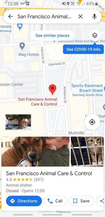 Screenshot map Google na mobilu, zobrazující upuštěný špendlík na péči a kontrolu zvířat v San Franciscu