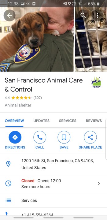 Екранна снимка на Google Maps, показваща бизнес страницата за грижа и контрол на животните в Сан Франциско, с опции за указания, обаждане, запазване или споделяне на място