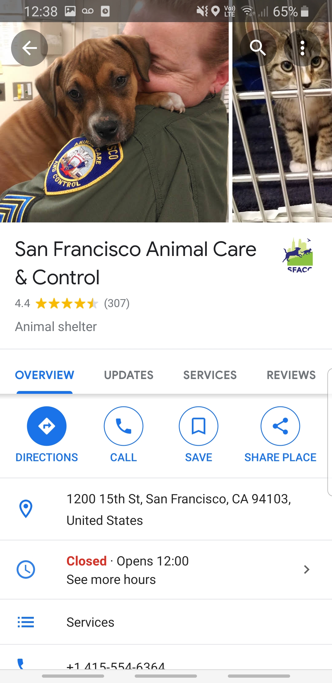 Captura de tela do Google Maps mostrando a página comercial do San Francisco Animal Care and Control, com opções de rotas, ligar, salvar ou compartilhar o local