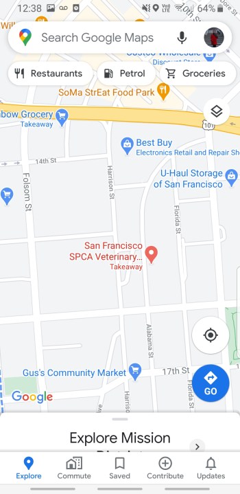 Екранна снимка на Google Maps, показваща грижа и контрол на животните в Сан Франциско