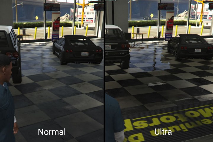 Side-by-side comparison images showing reflection quality difference in GTA V game, between Normal and Ultra settings.