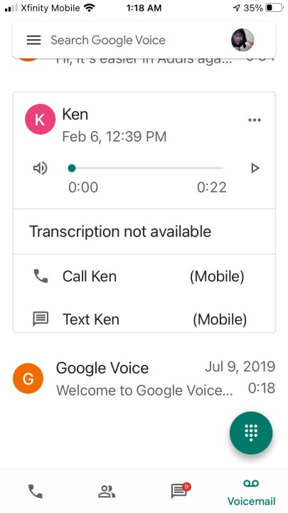 Записи Google Voice в приложении.