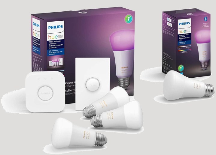 Philips Hue White and Color LED Smart Button Starter Kit with Philips Hue White and Color Ambiance A19 LED Smart Bulb.