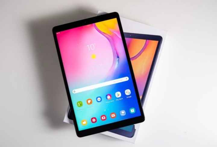 The 8-inch Samsung Galaxy Tab A tablet on top of its box.