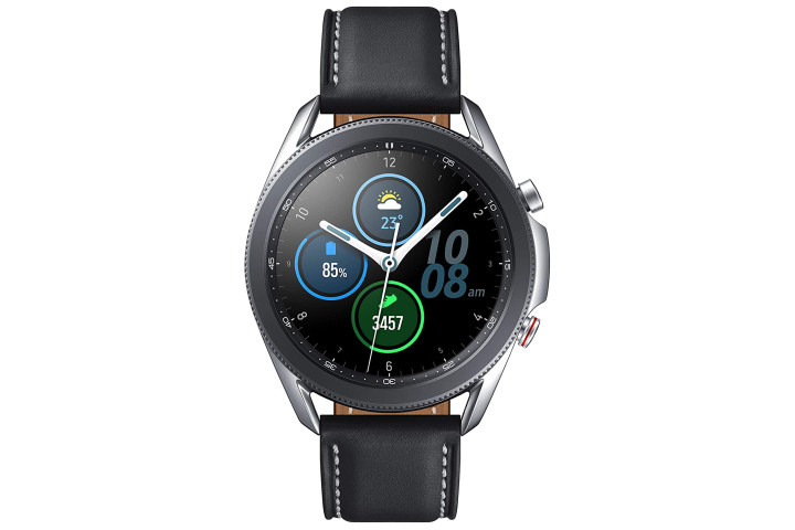 Picture shows a black Samsung Galaxy Watch 3 on a black strap
