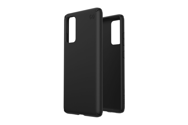 Front and back view of a black Speck Presidio Exotech case for the Samsung Galaxy S20 FE.