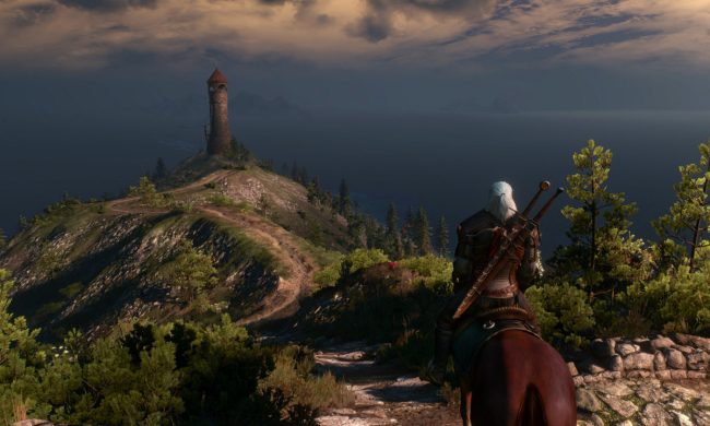 Geralt looks at a tower in the distance in The Witcher 3.