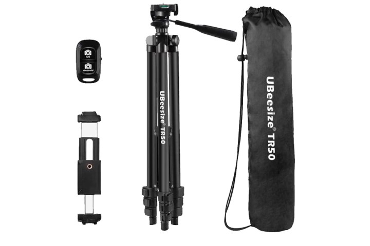 UBeesize tripod pictured with remote, holder and carry bag.