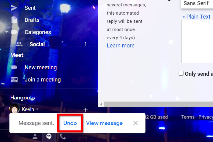 O botão Desfazer que aparece quando um e-mail é enviado no Gmail.