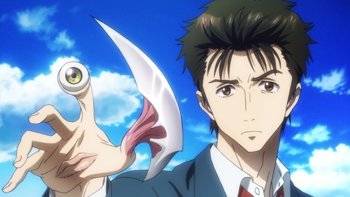 Parasite: The master art in Wisdom shows Shinichi and his parasite Meiji in his hand.