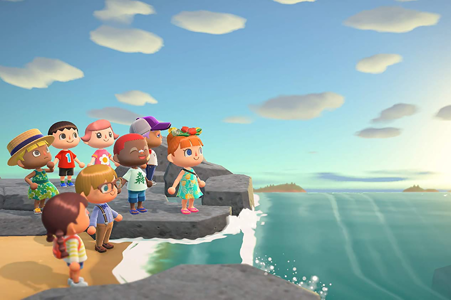 Pessoas se reúnem em uma praia em Animal Crossing.