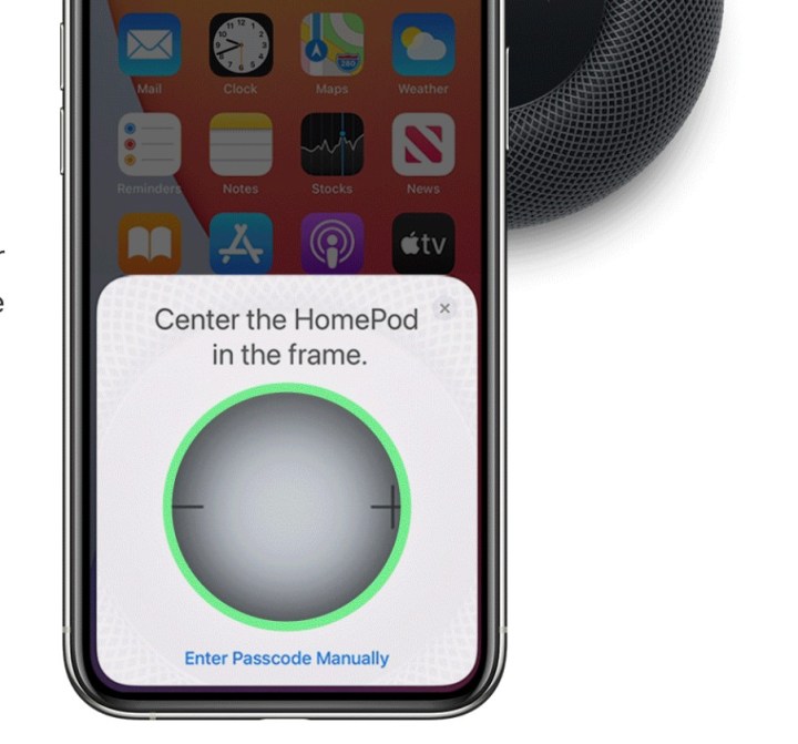 An iPhone completing the HomePod mini set up process on a white background.