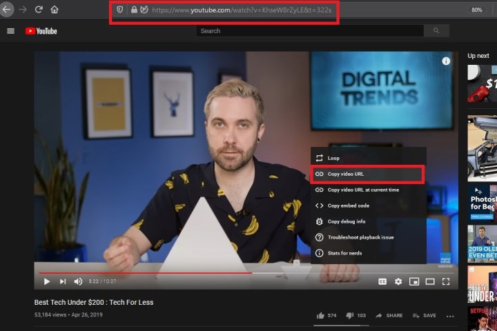 The Copy Video URL menu option on YouTube's desktop website.