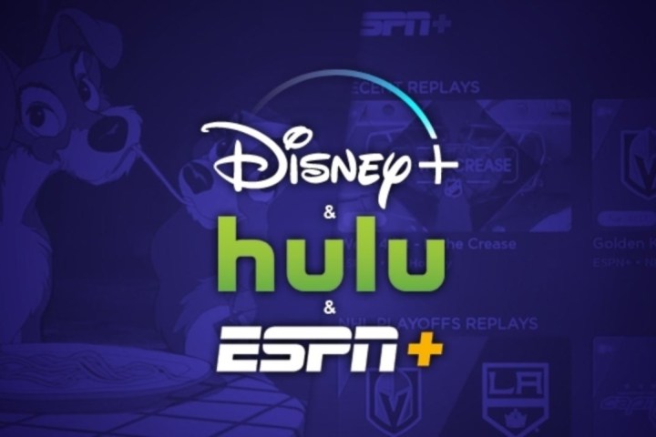 The Disney Plus, Hulu, and ESPN Plus logos on a purple background.