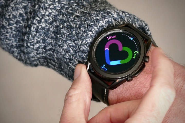 The Samsung Galaxy Watch 3 showing the activity tracker on the screen.