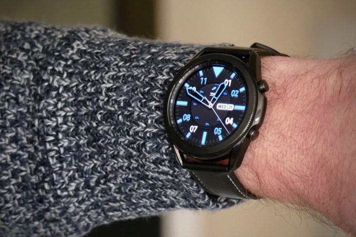 The Samsung Galaxy Watch 3 on the wrist.