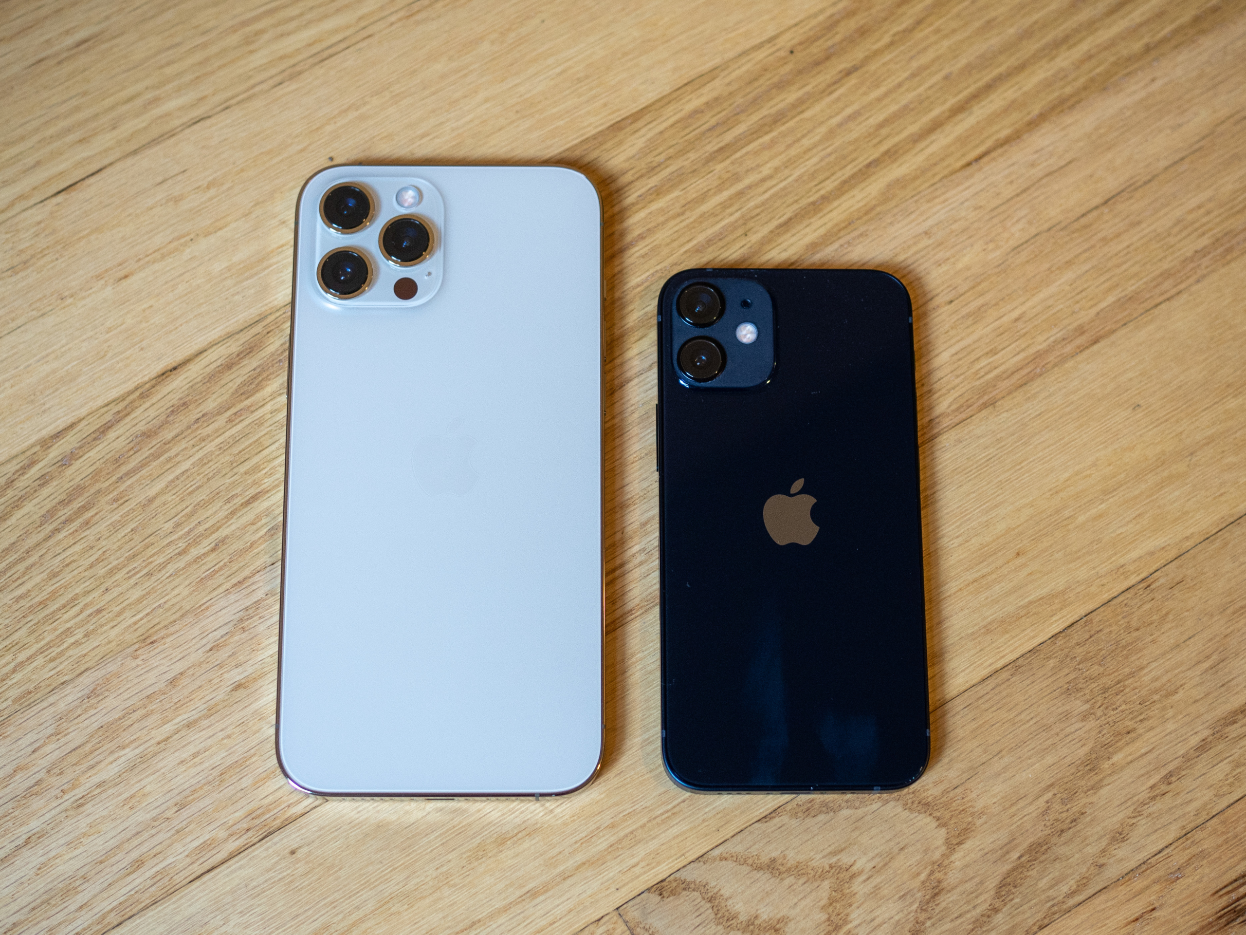 iPhone 12 Pro Max ao lado de um iPhone 12 mini.