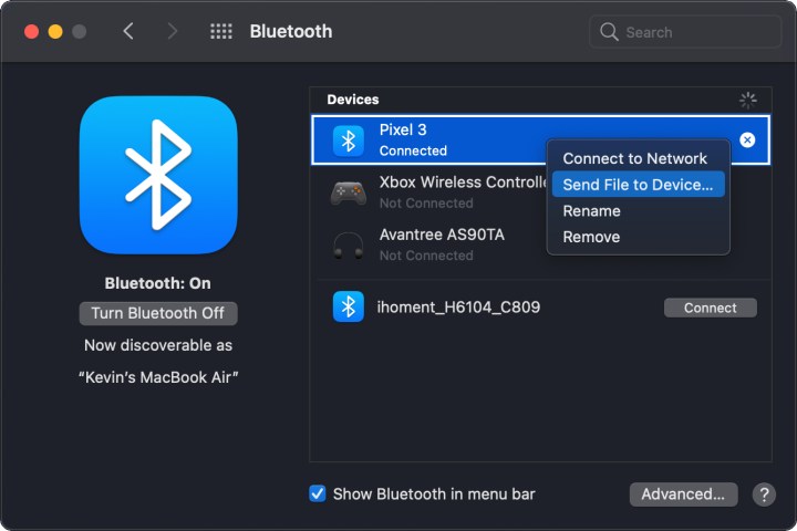 MacOS بلوتوث ارسال یک فایل به دستگاه