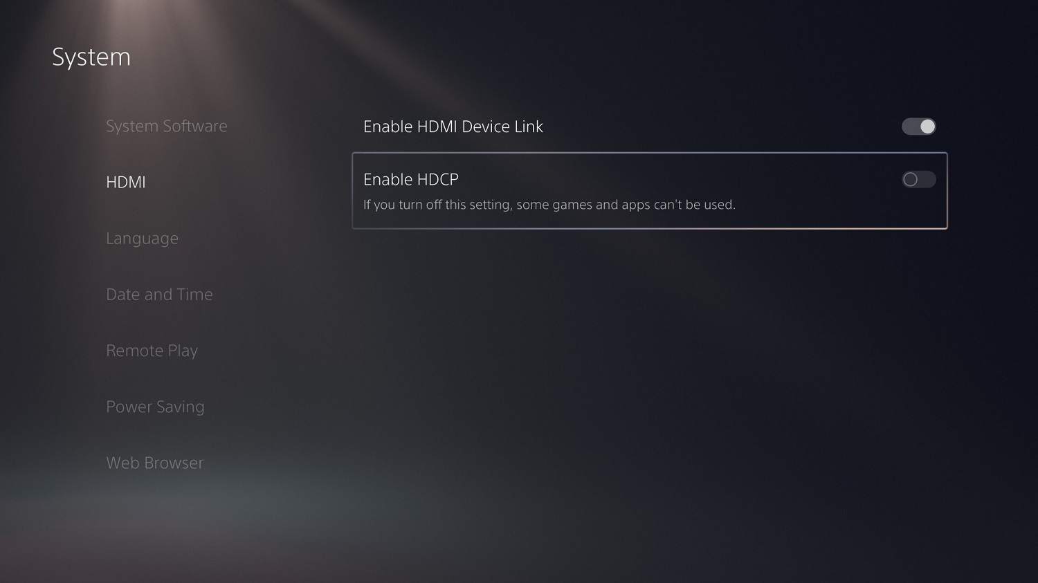 The HDMI HDCP setting on PS5.