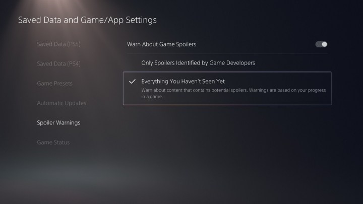 Game app settings on the PS5.