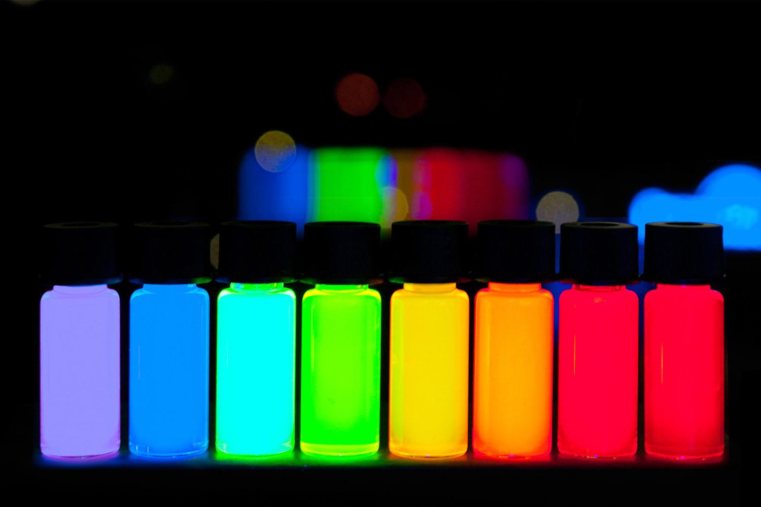 Quantum dots emitting different colors of light.