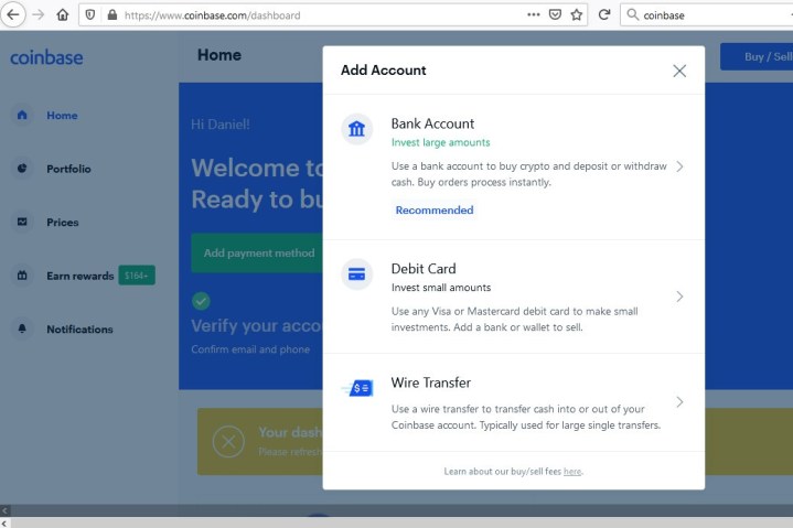 Image of Coinbase Add Payment Method Page
