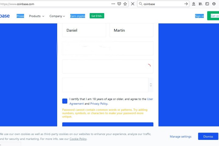 Image of Coinbase Sign Up Page