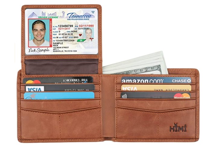 Himi Smart Wallet in genuine tan leather, showing the wallet open to contain cash, cards, and driver's license.