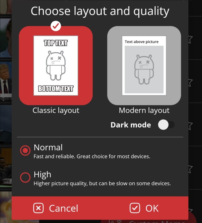 Meme Generator Free mobile app screenshot showing layout options screen.