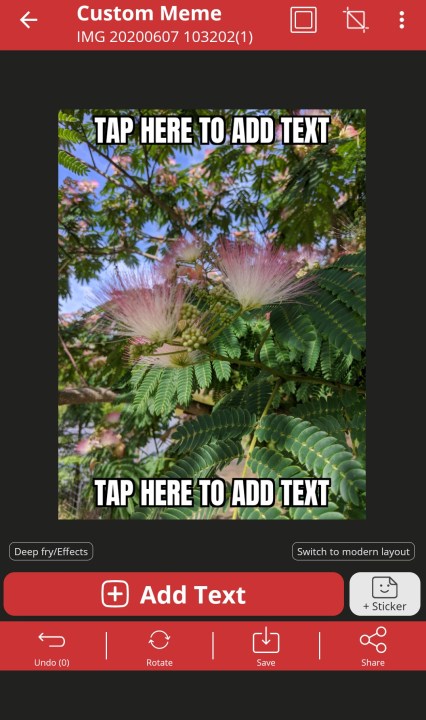 Meme Generator Free mobile app screenshot showing editing screen.