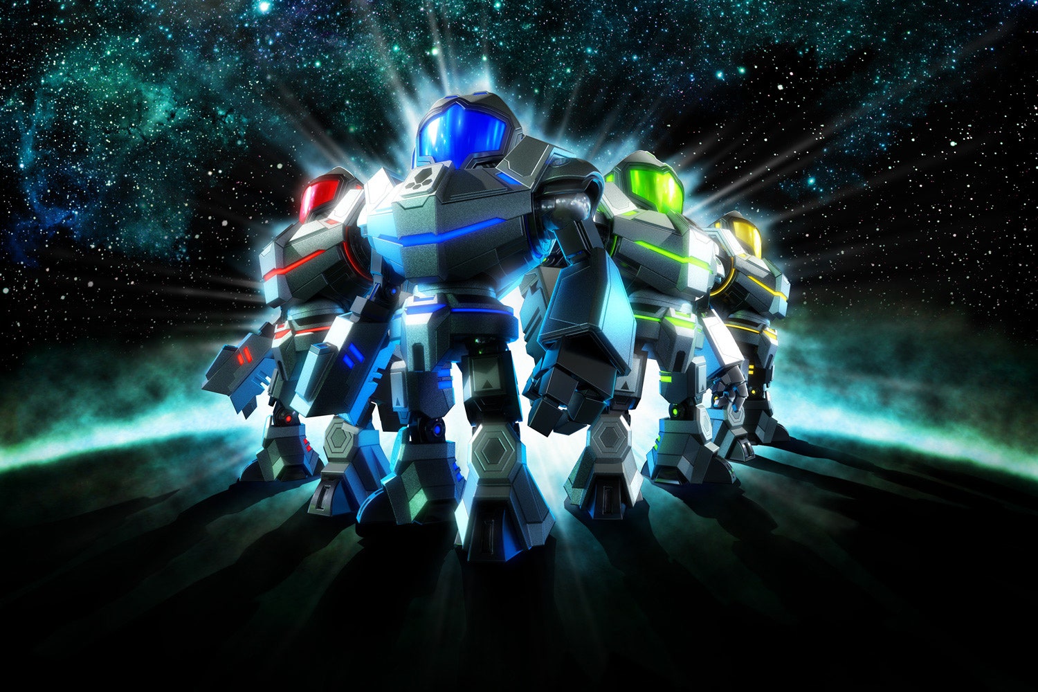Quatro personagens posando de Metroid Prime: Federation Force.