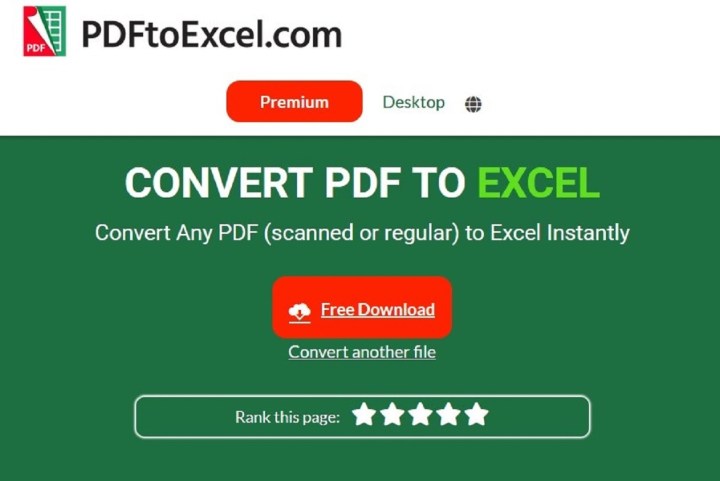 Selecting the Free Download button on the PDFtoExcel.com website.