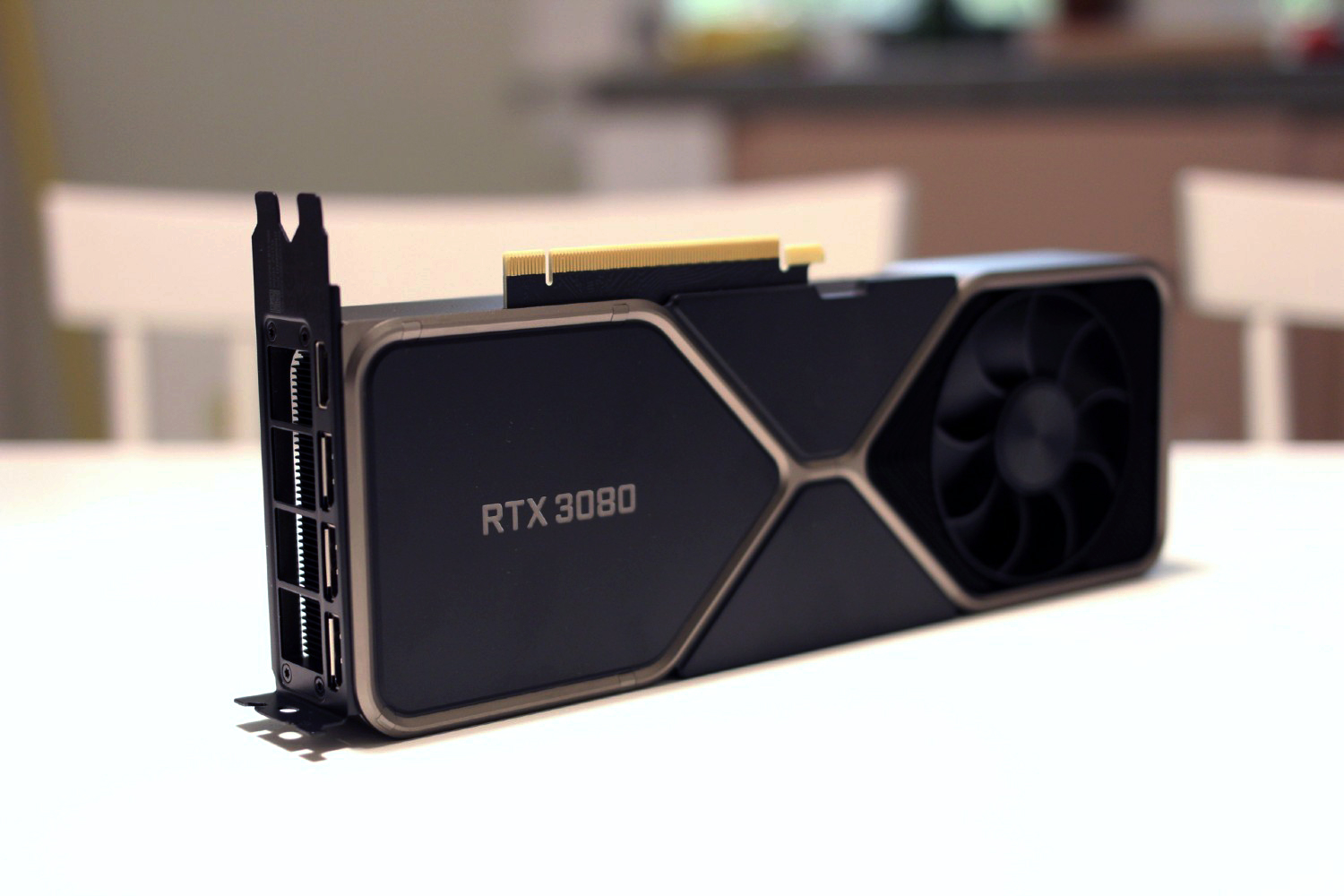 RTX 3080 graphics card on a table.