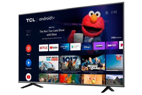 The 55-inch TCL 55S434 4K TV with the Android TV home screen on the display.