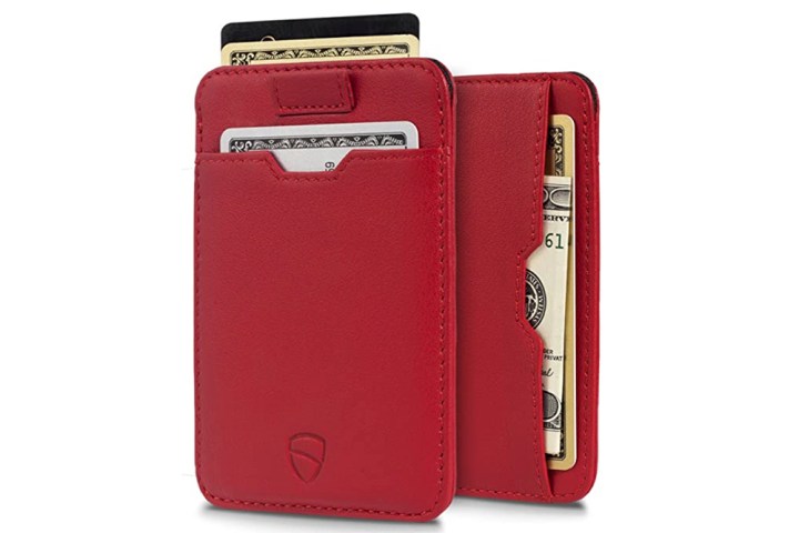 Vaultskin Chelsea Smart Wallet in bright red, showing card slots.