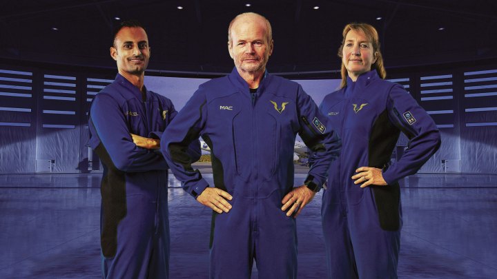 Virgin Galactic pilot spacesuits, modelled by Virgin Galactic Pilot Jameel Janjua, Virgin Galactic Chief Pilot Dave Mackay, and Virgin Galactic Pilot Kelly Latimer 