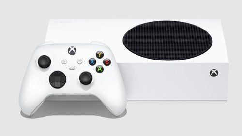 Xbox Series S console on a grey background.